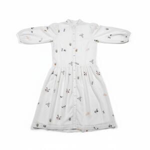 White Midi Shirt Dress S/M Poplin Insect Print Cottagecore Whimsical Summer